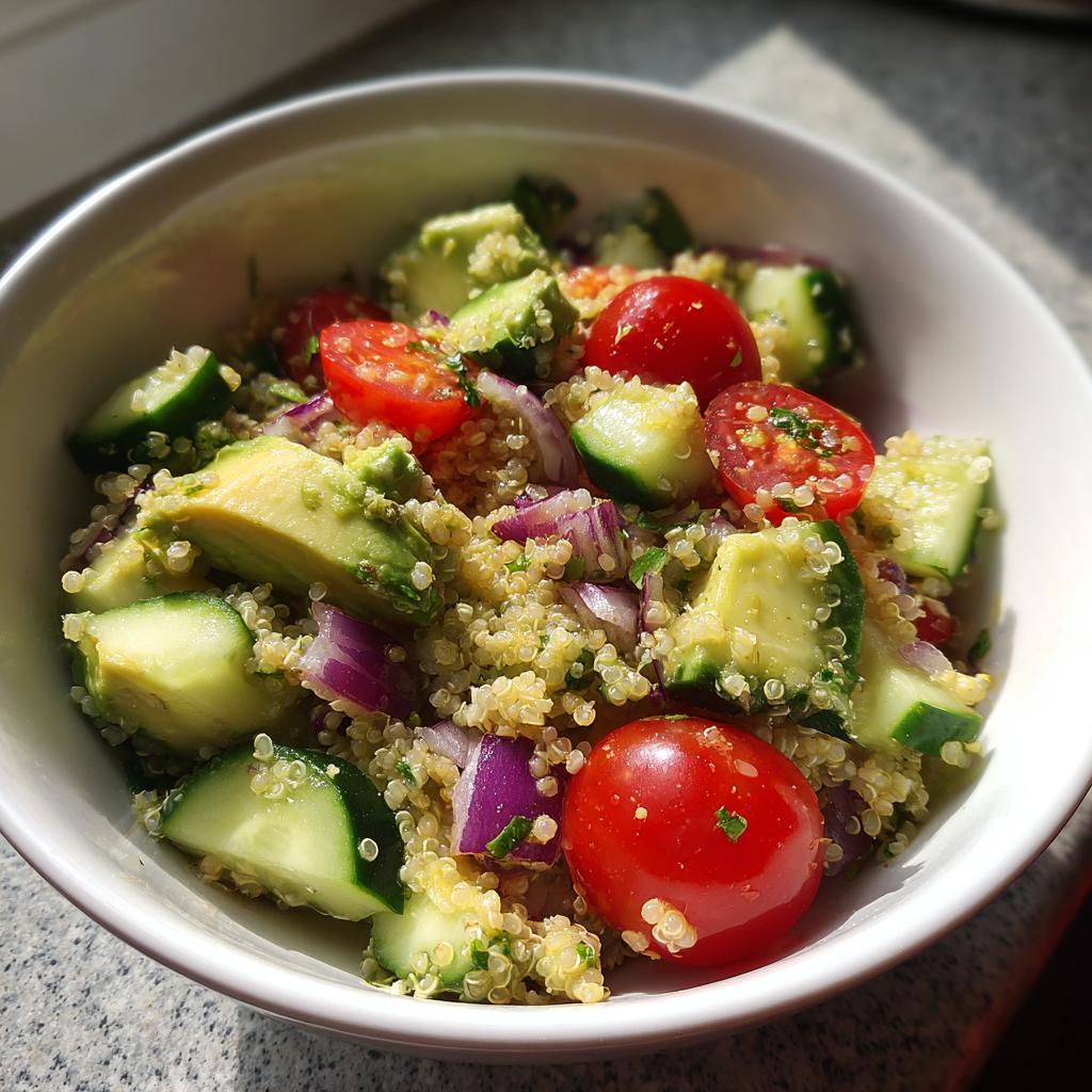 Ensalada de quinoa con tomates cherry, pepino, aguacate y cebolla morada fresca en bol blanco