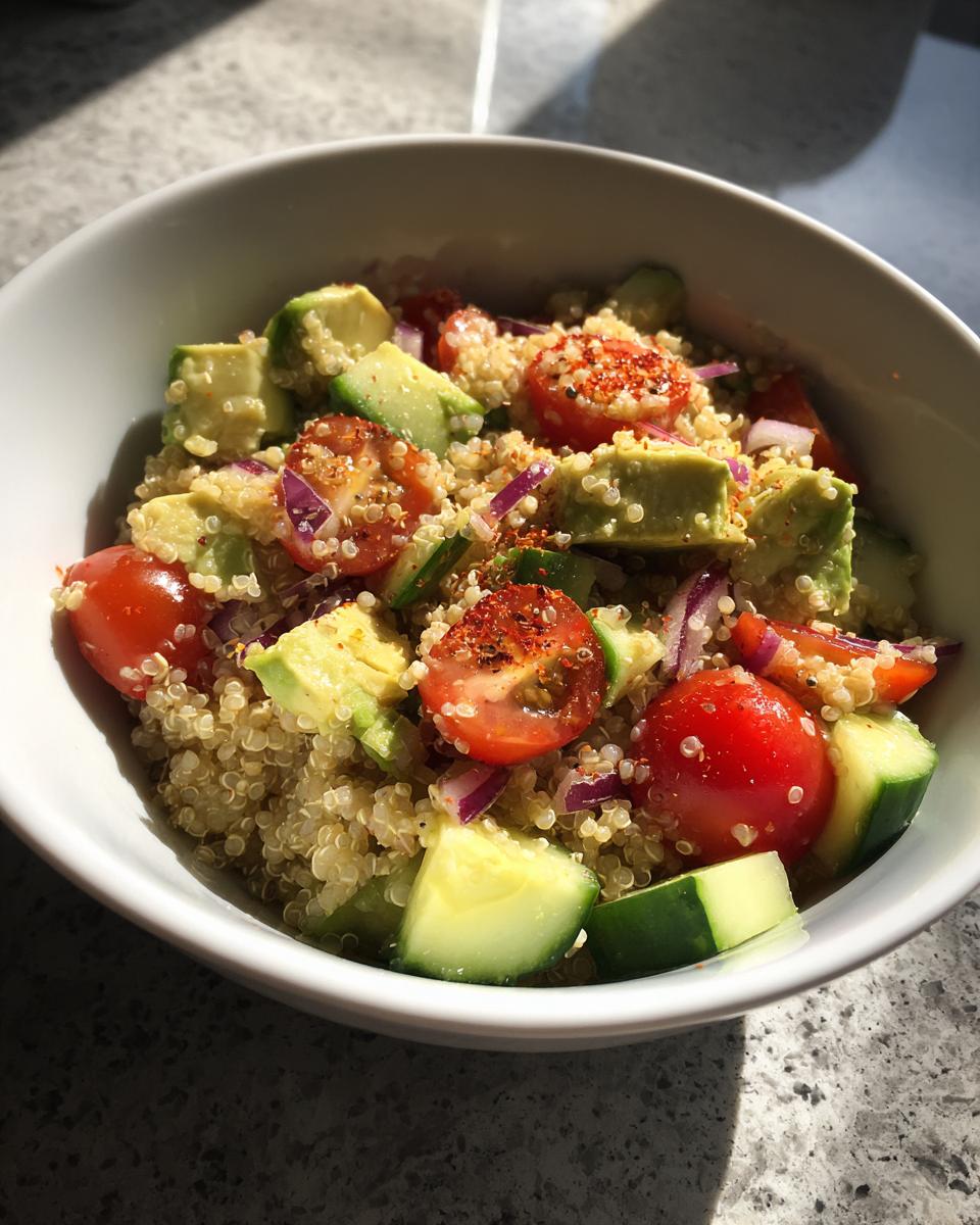 Ensalada de quinoa con tomate cherry, aguacate, pepino y cebolla morada en un bowl blanco.