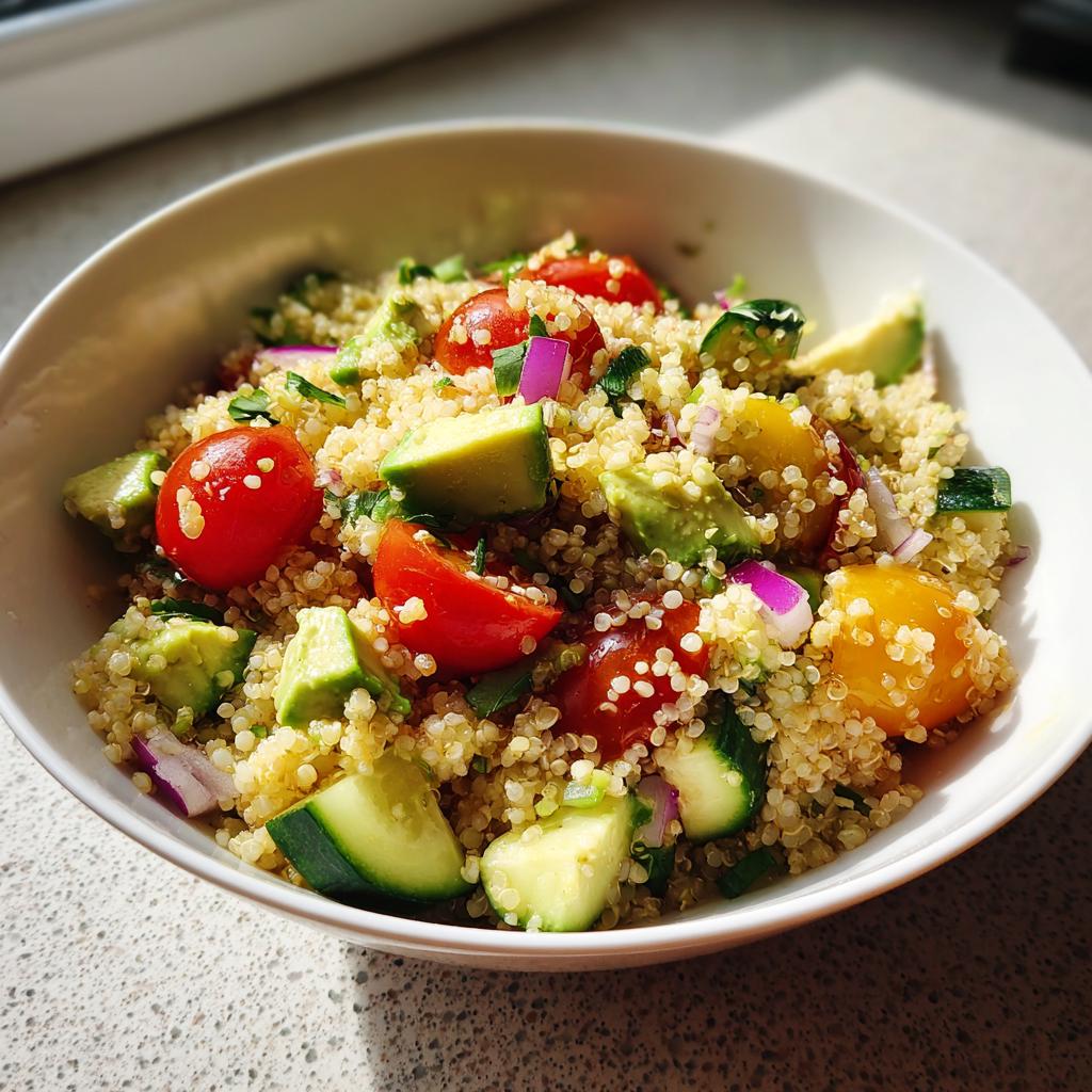Tazón con ensalada de quinoa con pepino, tomate cherry y aguacate, receta vegetariana fácil.