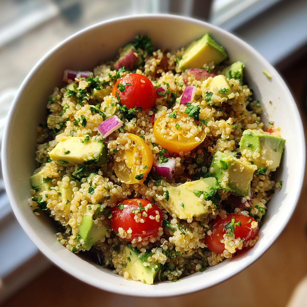 Tazón de ensalada saludable con quinua, aguacate, tomates cherry y cebolla morada fresca.