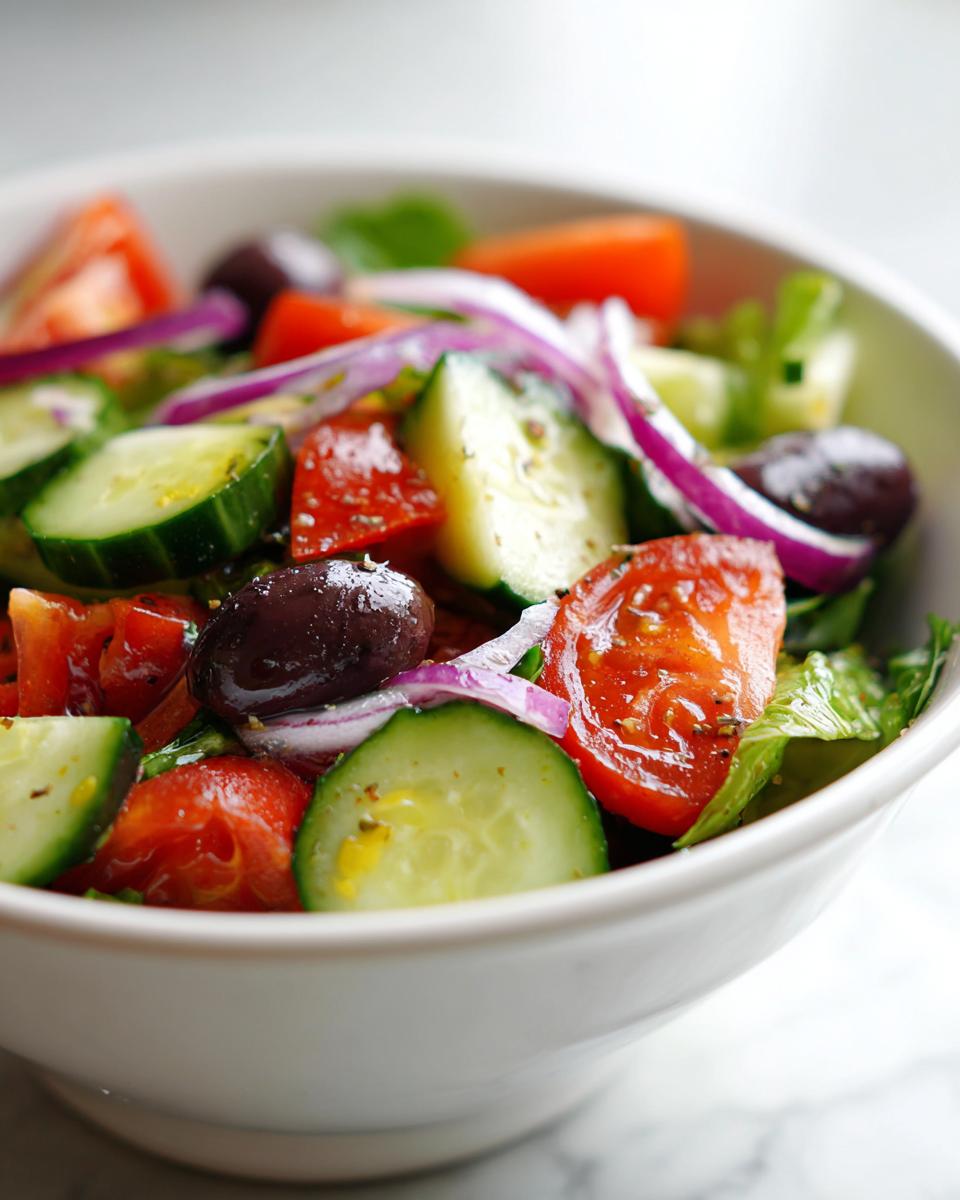 Ensalada saludable y fácil en un bol con pepino, tomate, cebolla roja y aceitunas negras