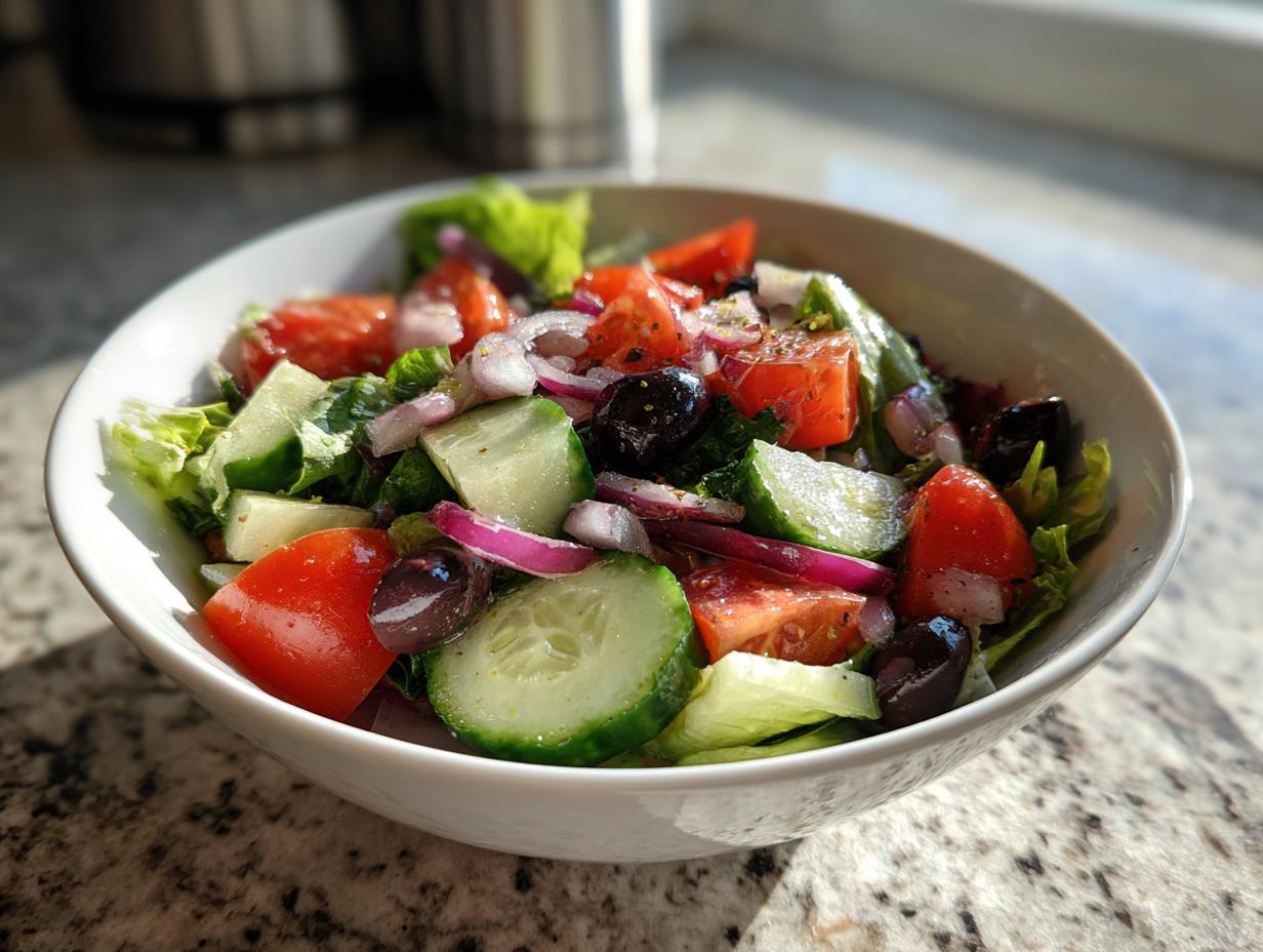 Ensalada saludable y fácil en un tazón blanco con tomate, pepino, cebolla y aceitunas