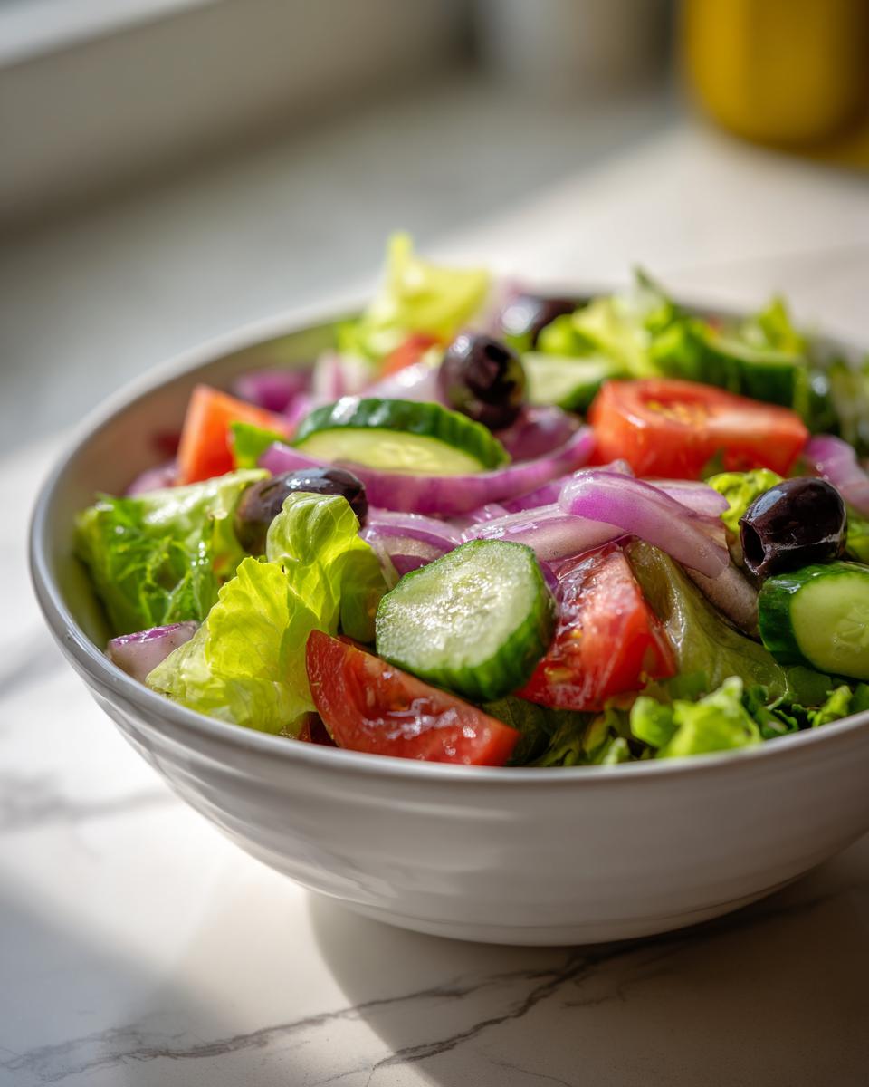 Ensalada saludable y fácil con lechuga, tomate, pepino, cebolla y aceitunas negras en un bol blanco