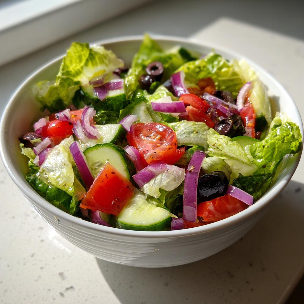 Ensalada saludable y fácil con lechuga, tomate, pepino, cebolla morada y aceitunas en un bol blanco.