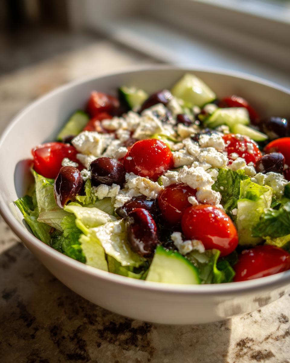 Ensalada con tomates cherry, queso feta, aceitunas y lechuga recetas mediterraneas saludables