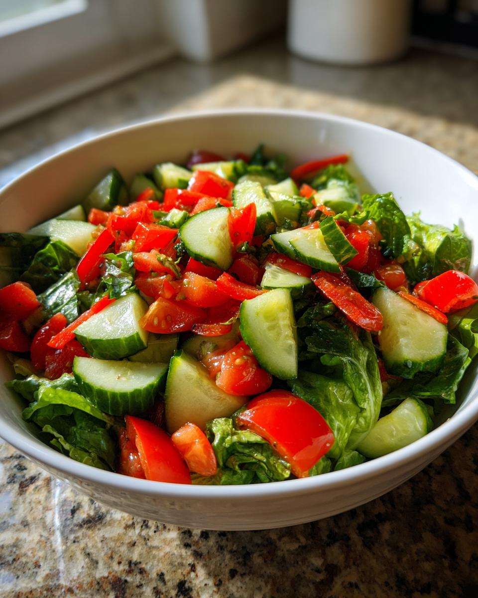 Ensalada con pepino, tomate y lechuga en bowl, receta con verduras faciles