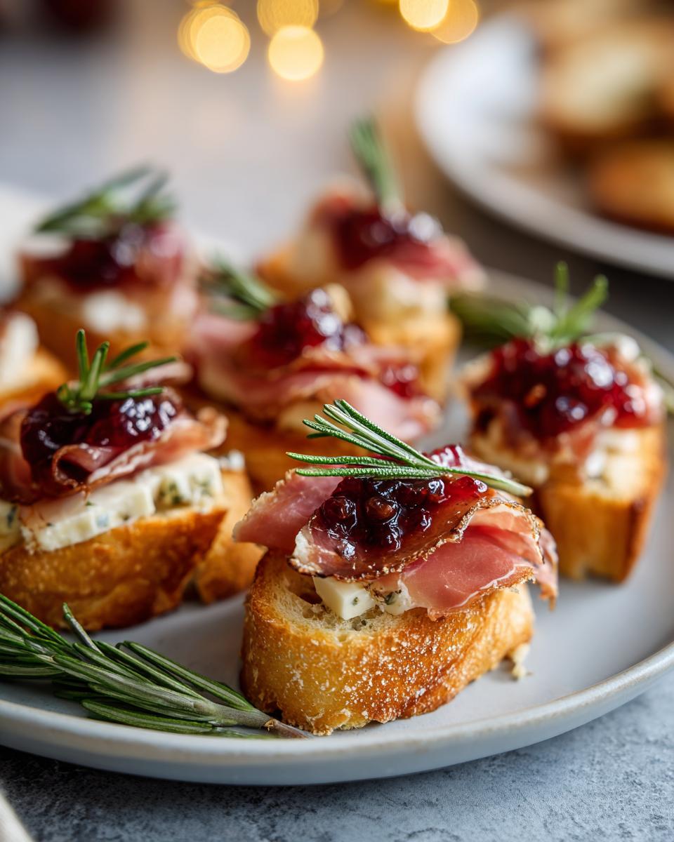 Entrantes navideños sencillos con rebanadas de pan, queso azul, jamón, mermelada y romero en plato.