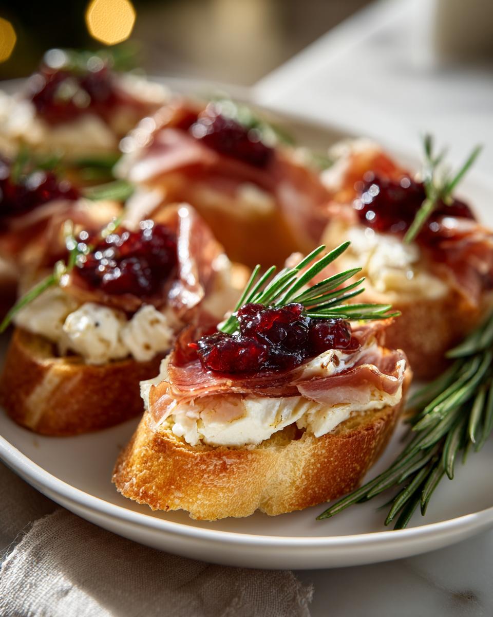 Tostas con jamón, queso crema y mermelada decoradas con romero en plato blanco para entrantes navideños sencillos