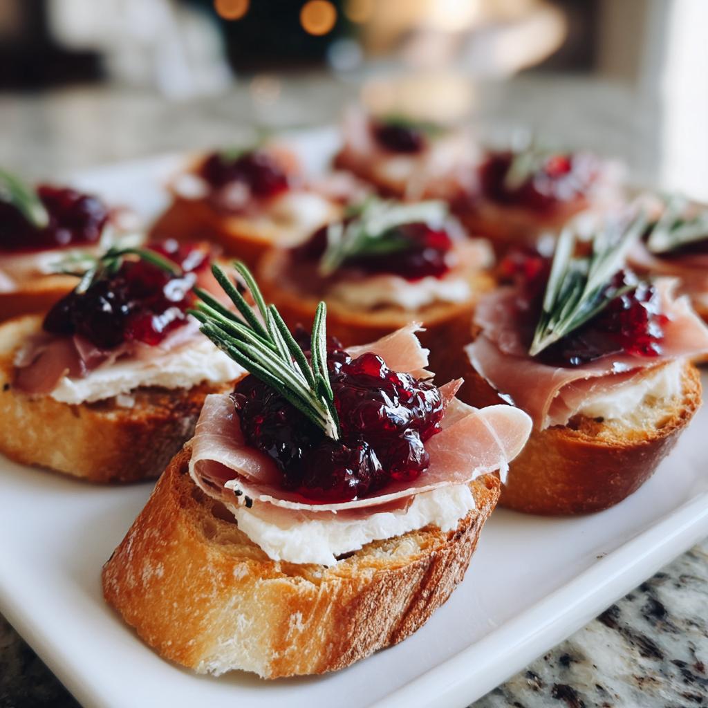 Entrantes navideños sencillos con pan, queso crema, jamón, mermelada y romero en plato blanco.