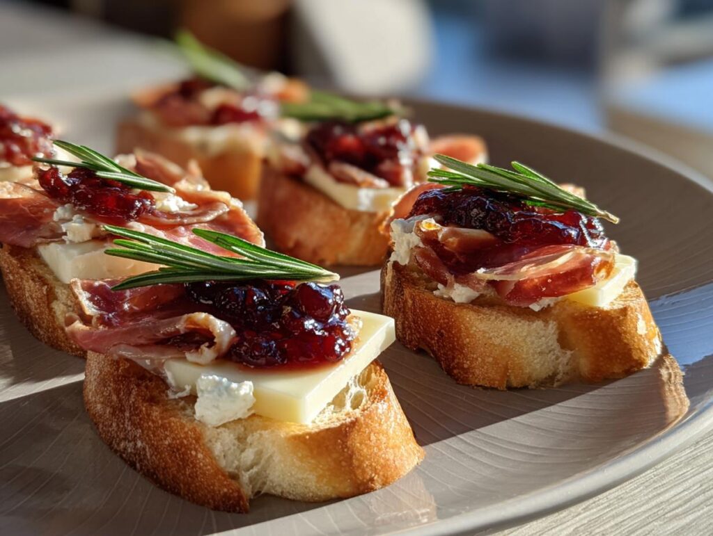 Entrantes navideños sencillos con pan, queso, jamón y mermelada decorados con romero