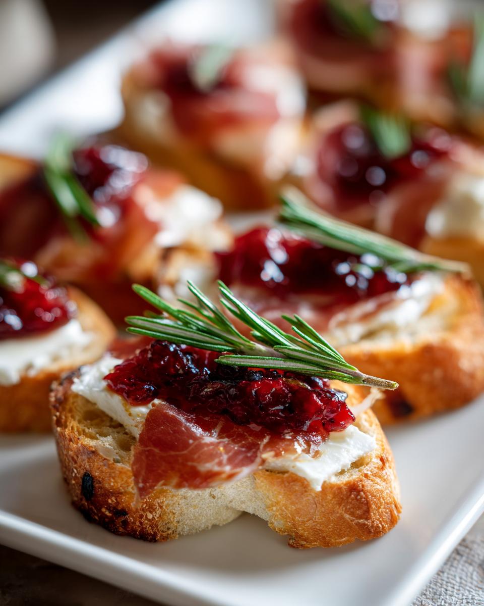 Tostas con queso crema, jamón, mermelada roja y ramita de romero como entrantes navideños sencillos