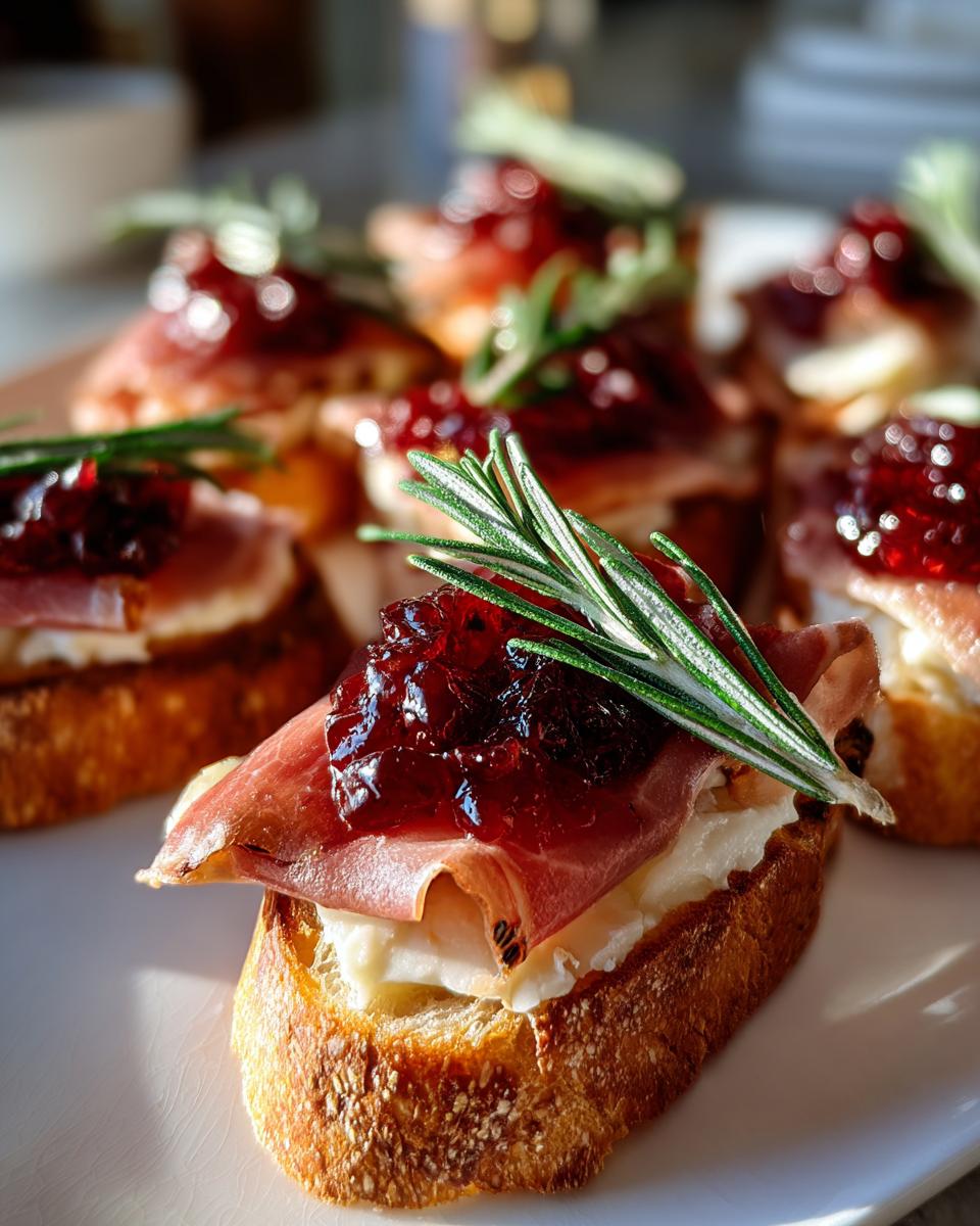 Tostas con jamón, crema, mermelada y romero como entrantes navideños sencillos