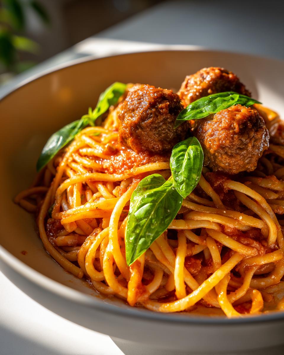 Espagueti con albóndigas en salsa de tomate decorado con hojas frescas de albahaca