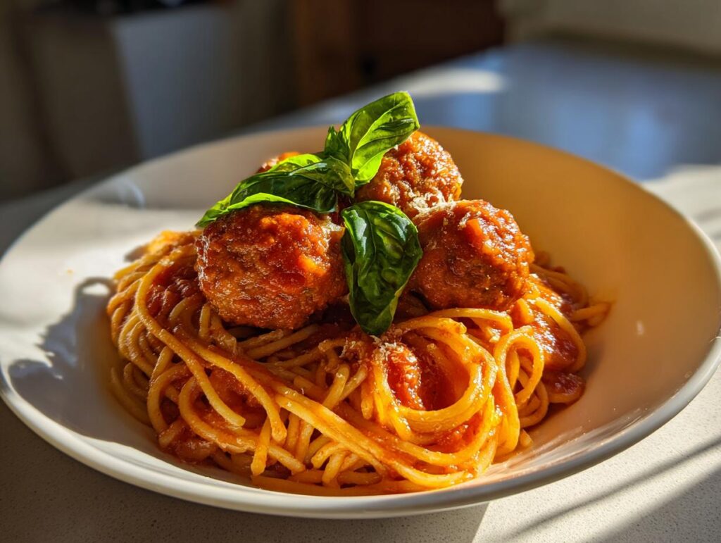 Plato de espagueti con albóndigas y salsa de tomate con hojas de albahaca fresca