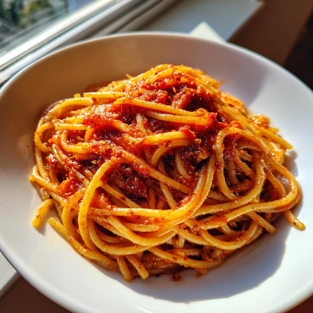 Plato blanco con espagueti cubierto de salsa roja casera, iluminado por luz natural