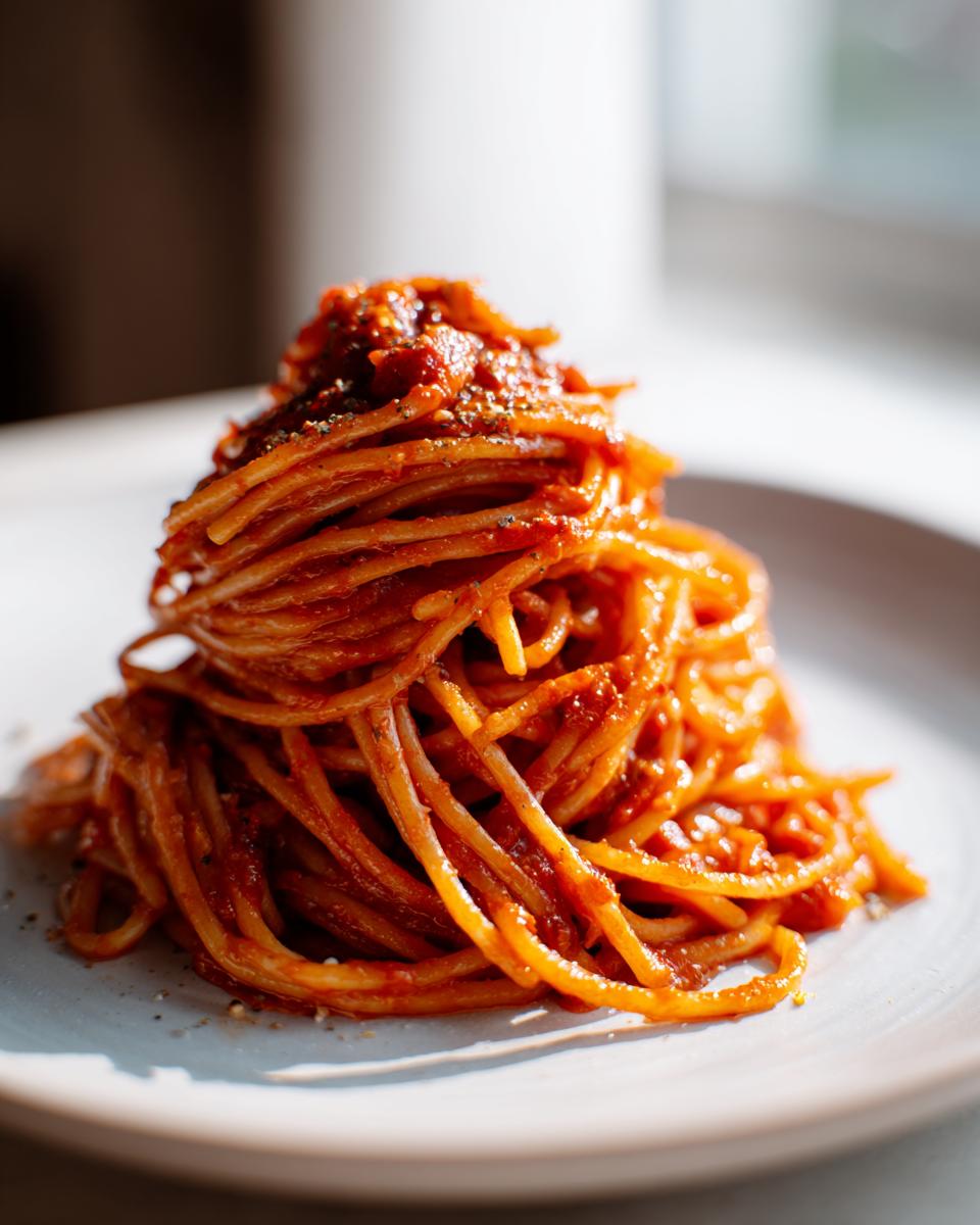 Plato de espagueti cubierto con salsa de tomate rojo, representando ideas de comidas caseras.