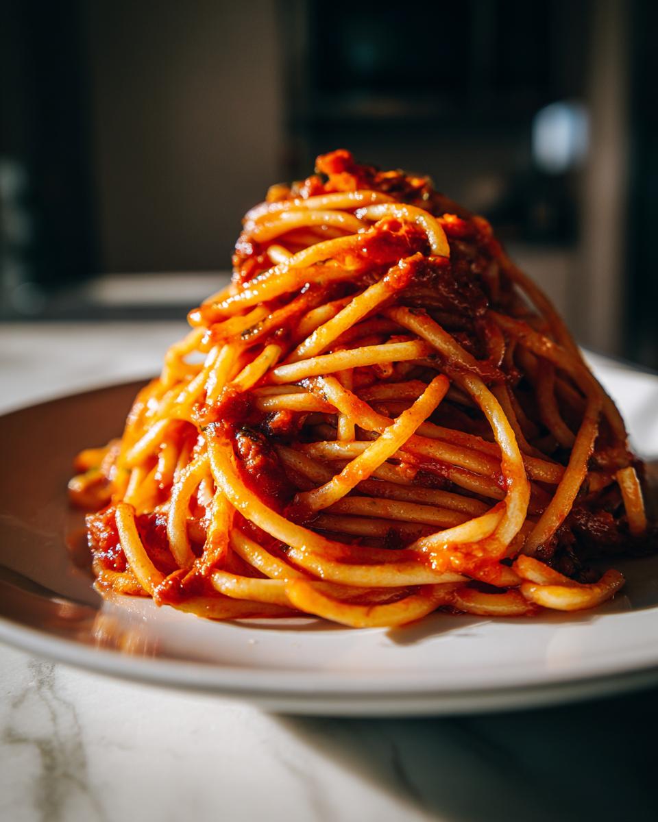 Plato de espagueti con salsa de tomate, muy apetitoso y sencillo, ideal para recetas económicas San Valentín