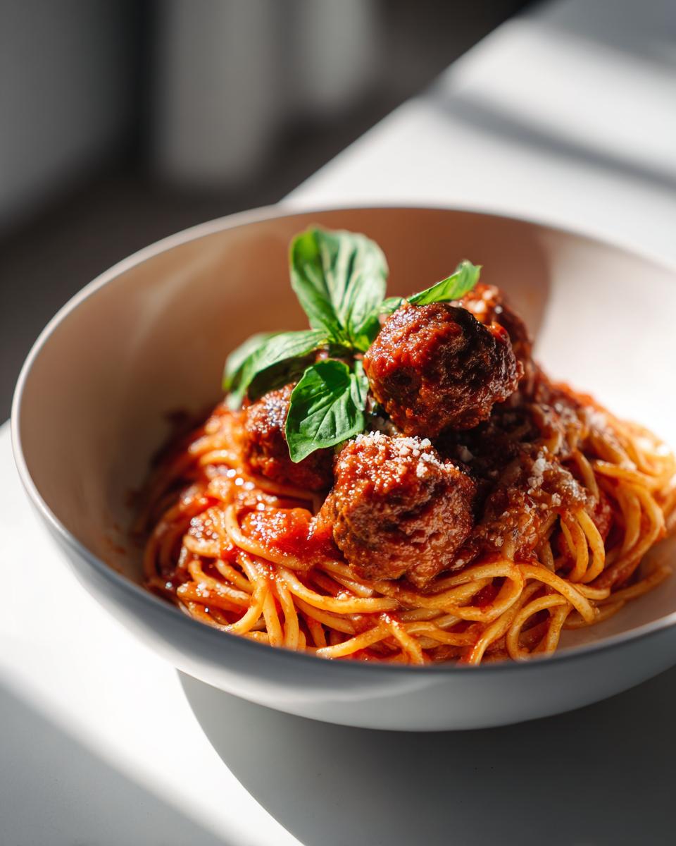 Plato de espaguetis con salsa de tomate, albóndigas y hojas de albahaca fresco