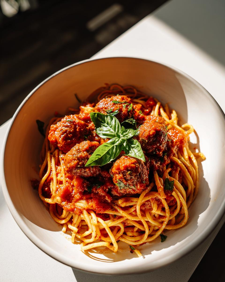 Plato de espaguetis con albóndigas y salsa de tomate con hojas de albahaca.