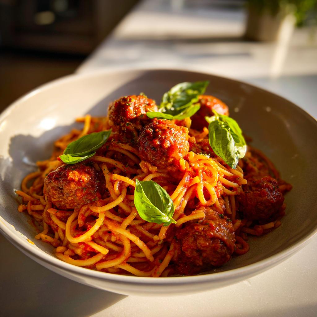 Plato de espaguetis con albóndigas y salsa de tomate, decorado con hojas de albahaca fresca.