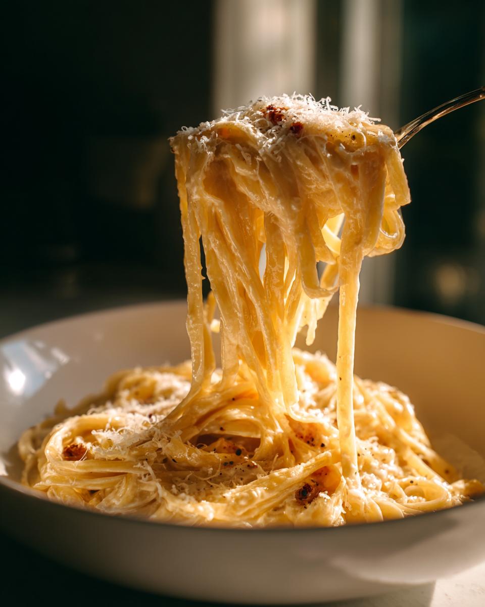 Tenedor levantando espaguetis cremosos con queso rallado en plato blanco.