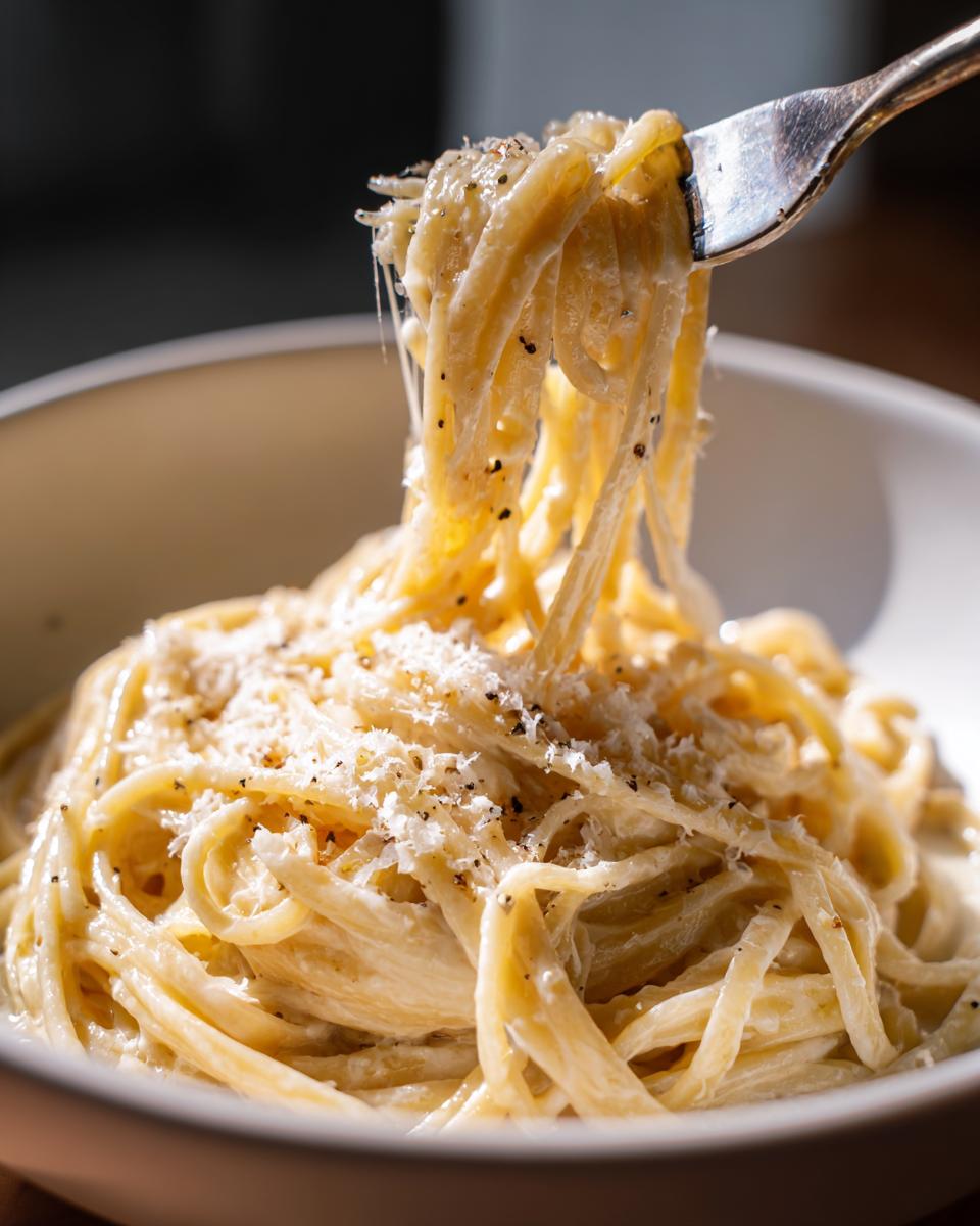 Espaguetis cremosos con queso rallado y pimienta en un plato blanco, perfectos para recetas románticas para dos