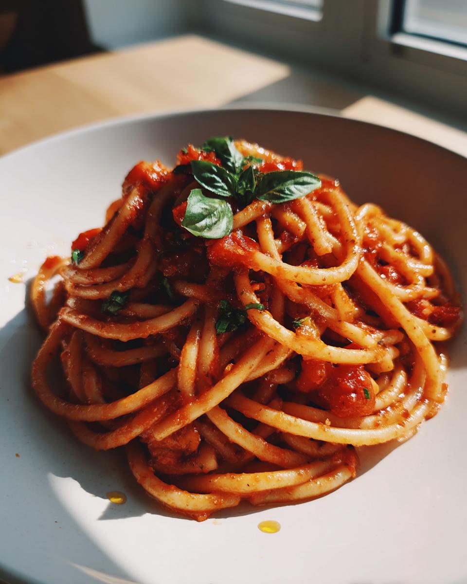 Plato de espaguetis con salsa tomate y hojas de albahaca fresco.