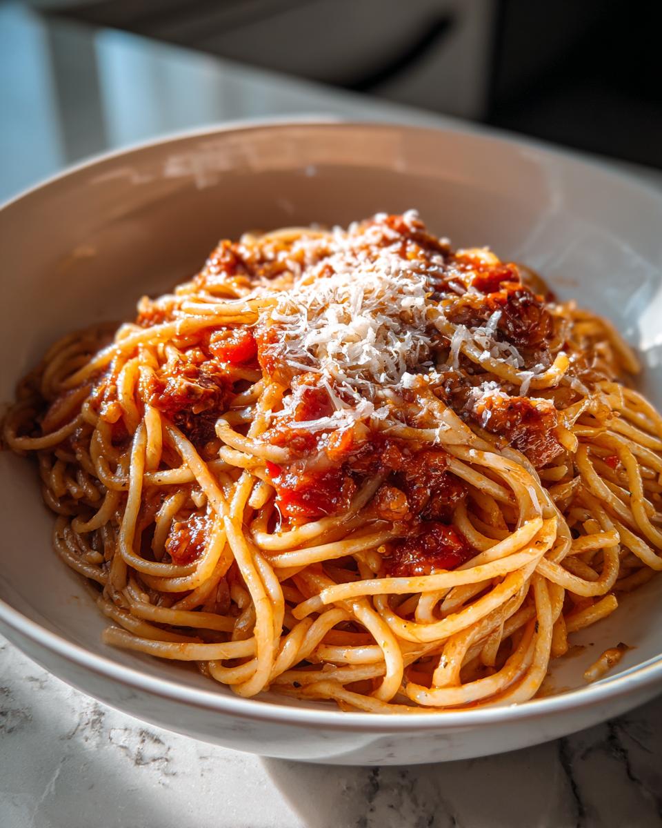 Espaguetis con salsa boloñesa y queso rallado en un plato blanco, receta para compartir en familia