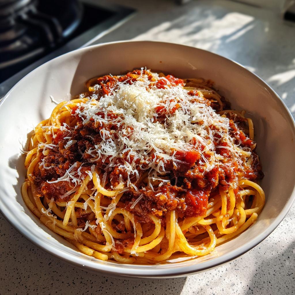 Plato de espaguetis con salsa de carne y queso rallado, recetas para compartir en familia