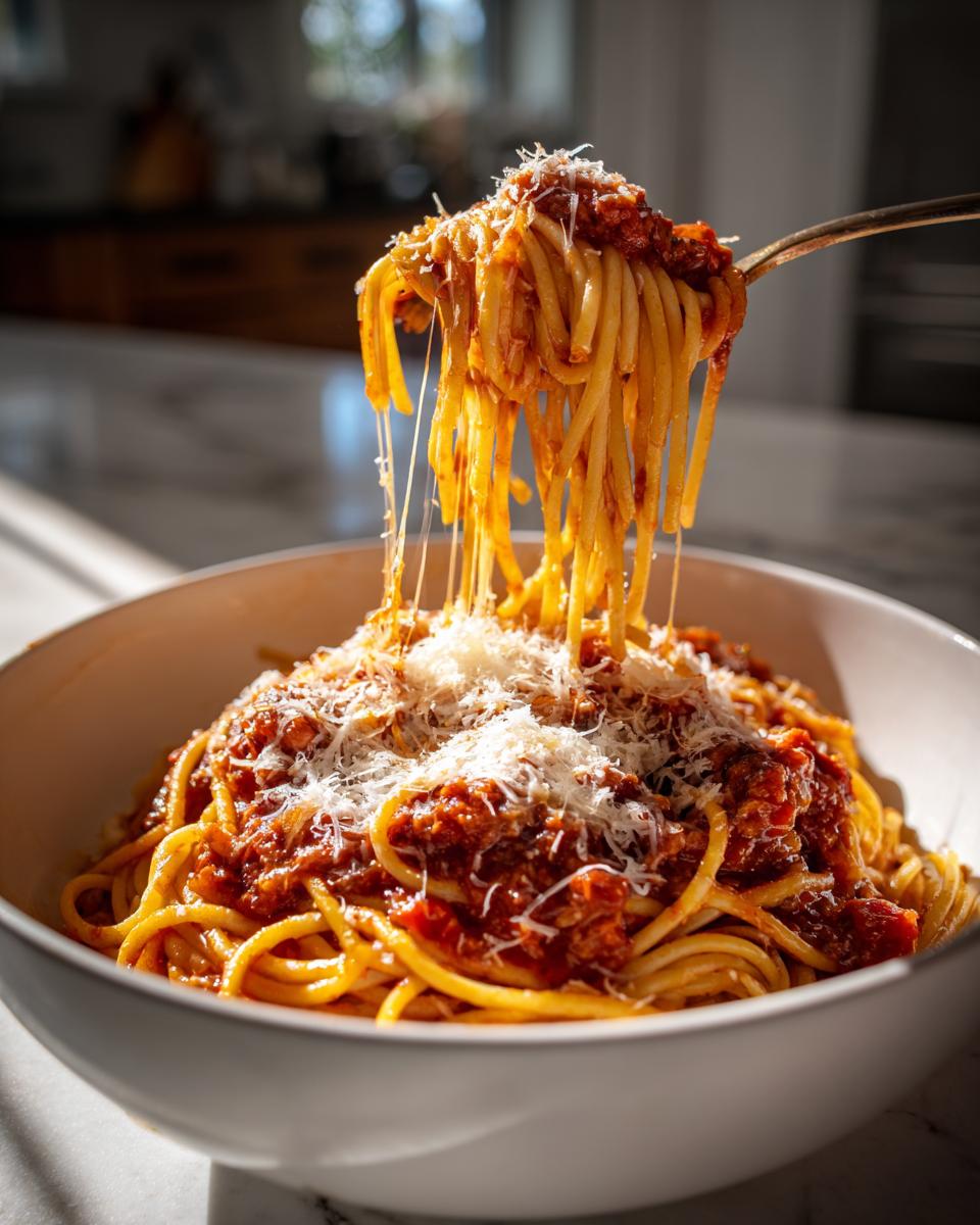 Tazón de espaguetis con salsa de tomate y carne cubiertos con queso rallado y un tenedor levantando pasta