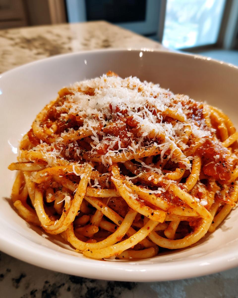 Tazón de espaguetis con salsa de tomate y queso rallado en cima, listo para servir.
