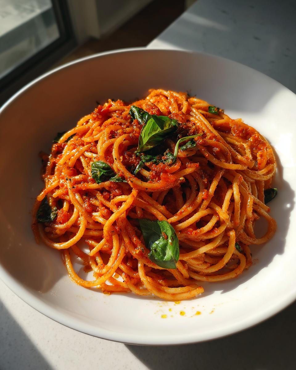 Espaguetis con salsa roja y hojas de albahaca en un plato blanco, ideales para recetas para dos personas
