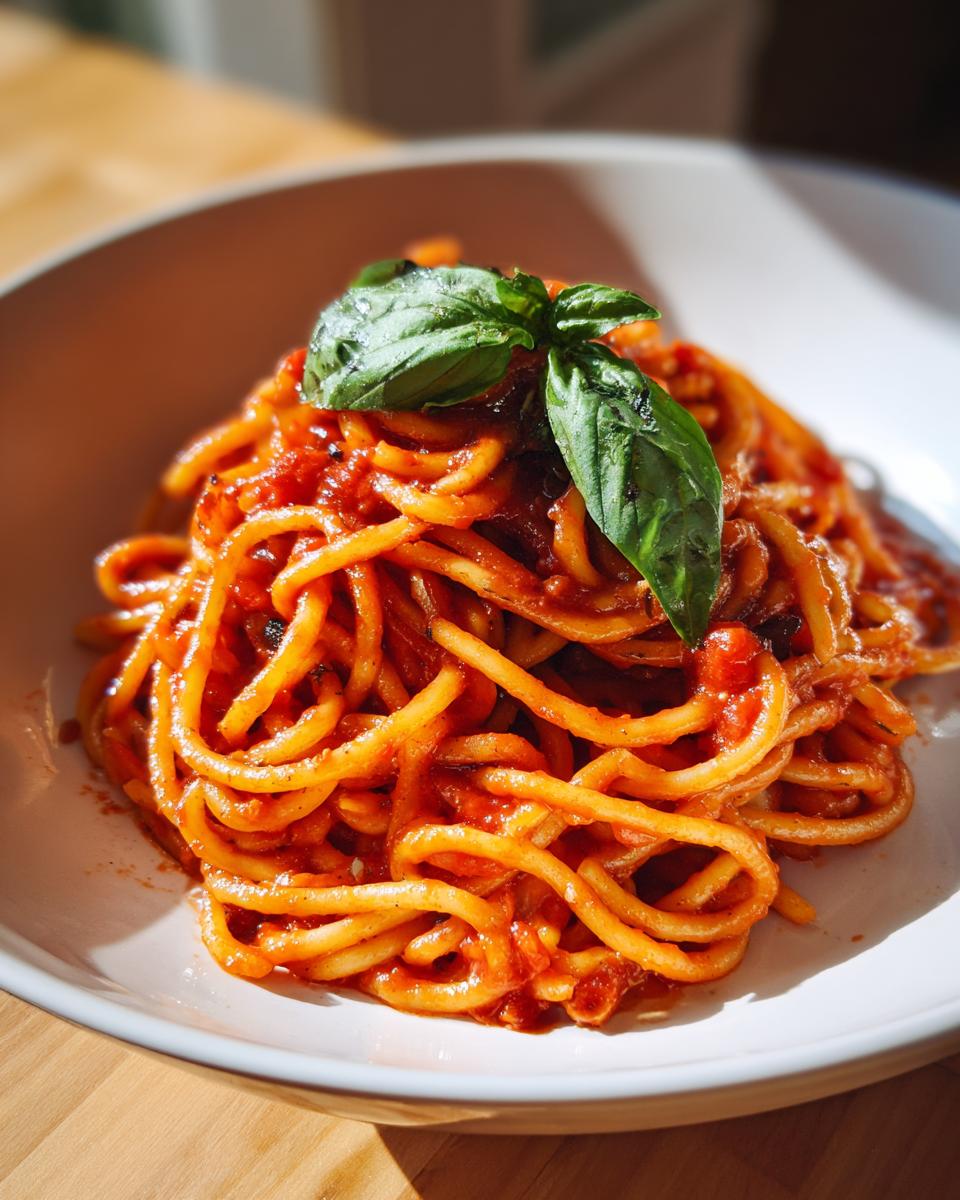 Plato de espaguetis con salsa de tomate y hojas de albahaca fresca para recetas económicas San Valentín