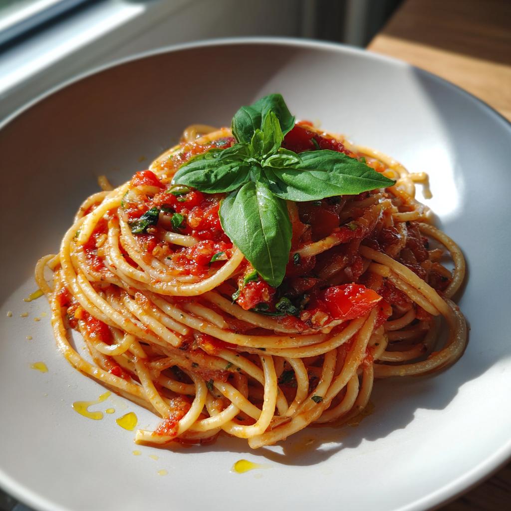 Plato de espaguetis con salsa de tomate y albahaca fresca, receta para dos personas