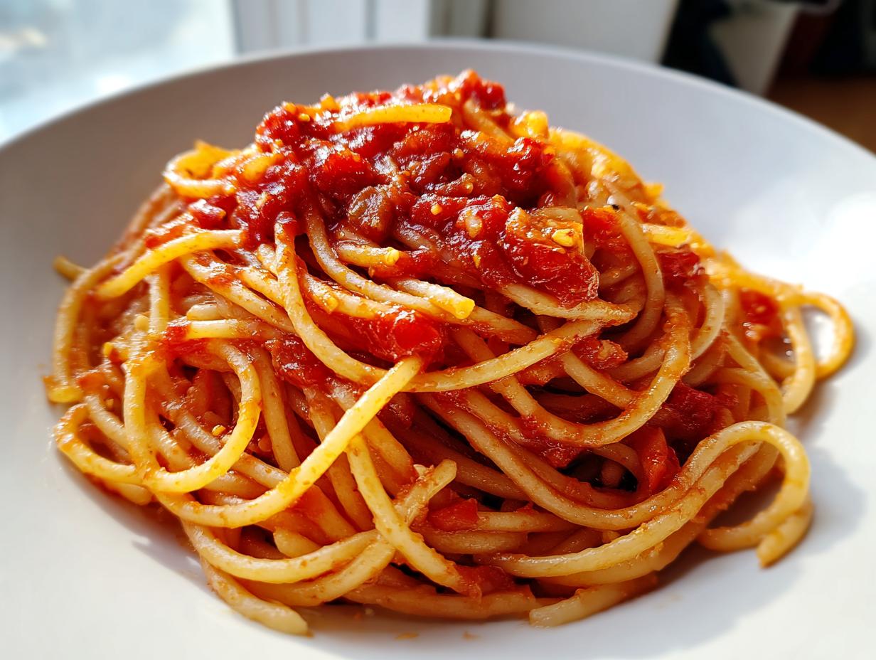 Plato de espaguetis con salsa de tomate casera en un plato blanco.