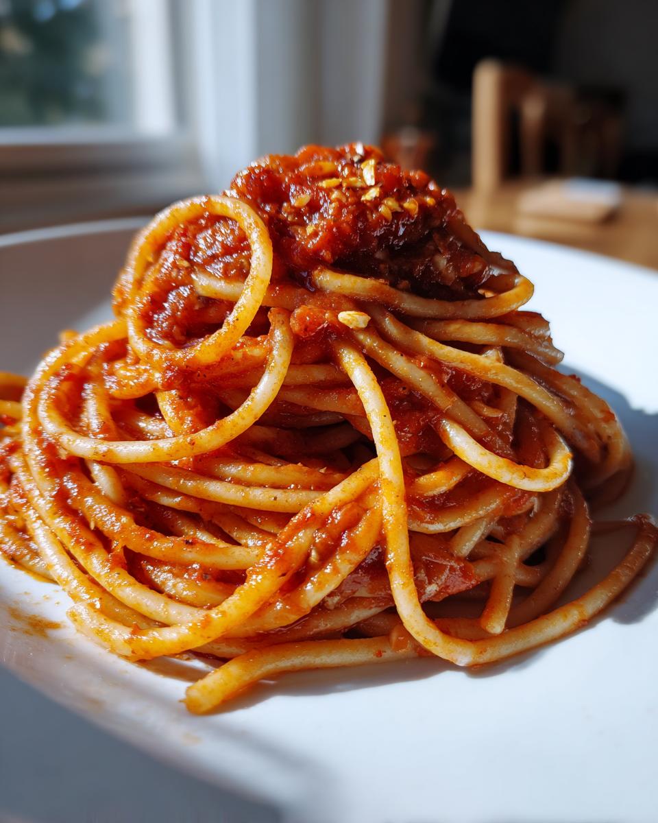 Plato de espaguetis con salsa de tomate rojo y especias, una de las ideas de comidas caseras