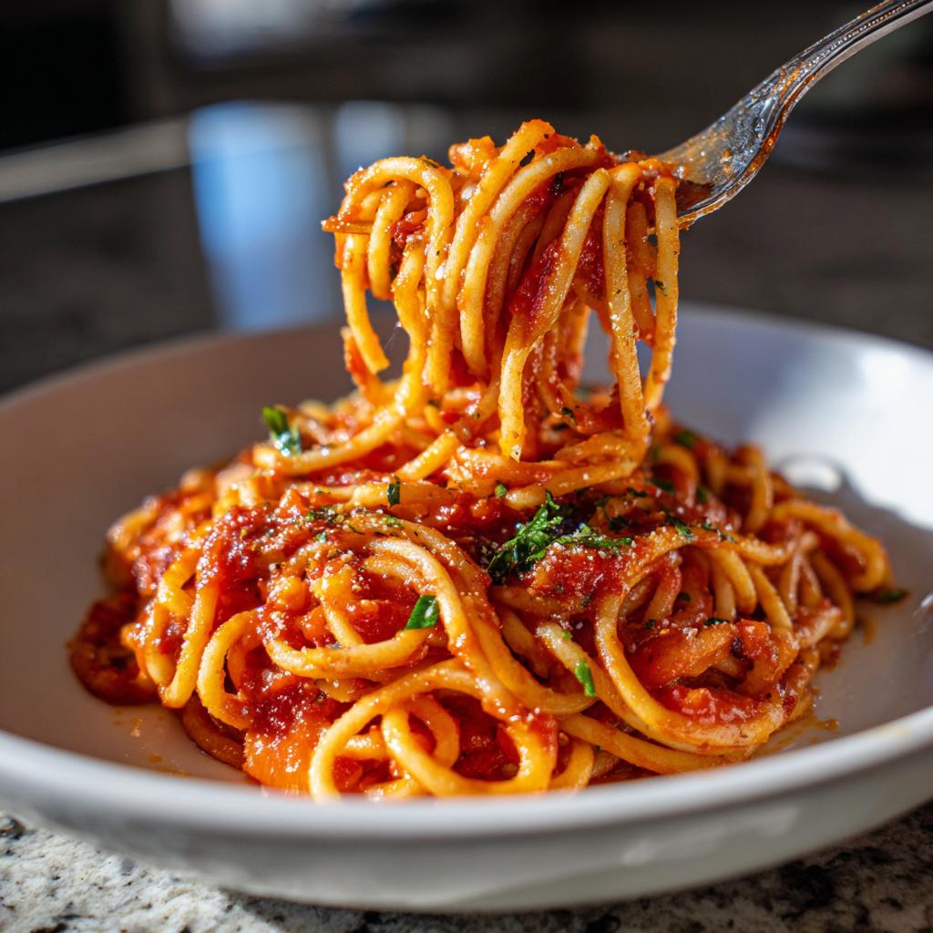 Plato de espaguetis con salsa de tomate y hierbas, ideal para recetas económicas San Valentín.