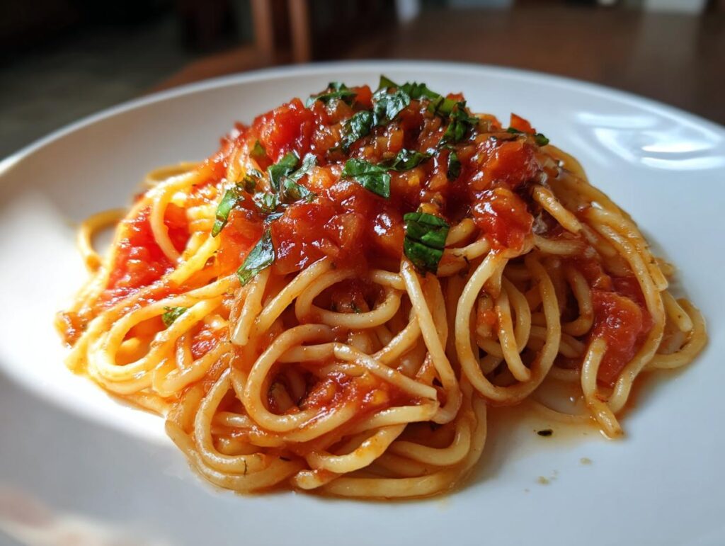 Plato de espaguetis con salsa de tomate y albahaca, ideal para recetas para dos personas
