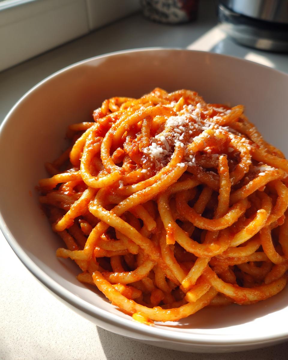 Espaguetis con salsa de tomate y queso rallado en un bol blanco, receta saludable para niños