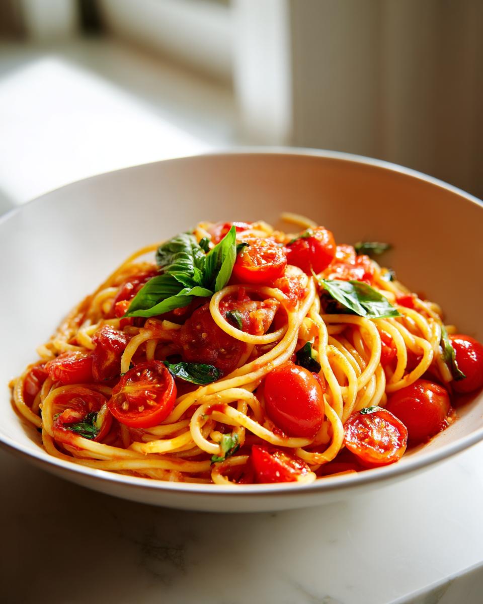 Plato de espaguetis con tomate cherry, salsa y hojas de albahaca, ideal para cenas románticas fáciles