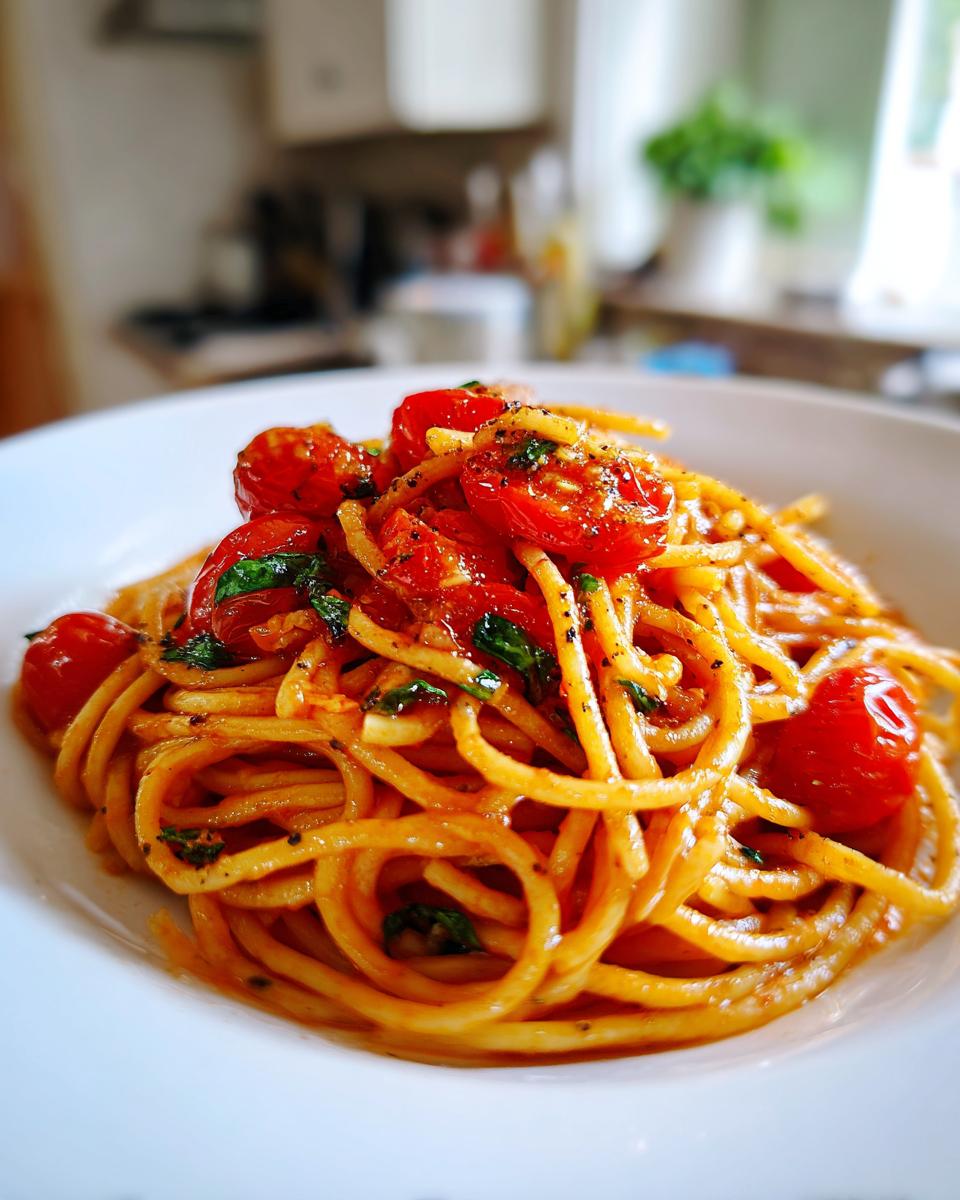 Plato blanco con espaguetis, tomates cherry y salsa roja para cena romántica fácil.