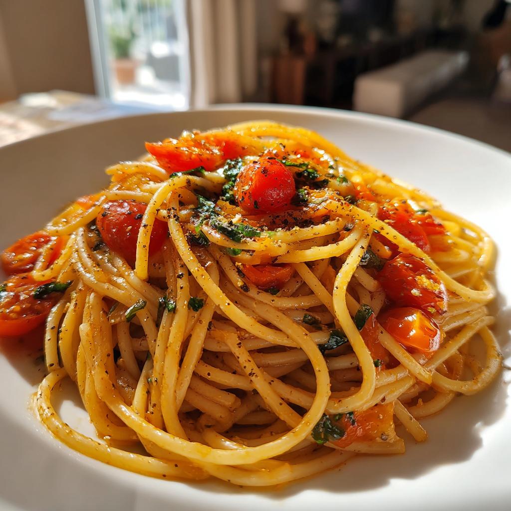 Plato de espaguetis con tomates cherry y hierbas, ideal para una cena romántica fácil.