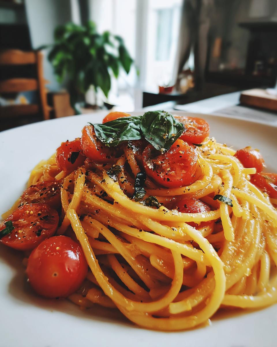 Plato de espaguetis con tomate cherry, albahaca y pimienta negra para cena romántica fácil
