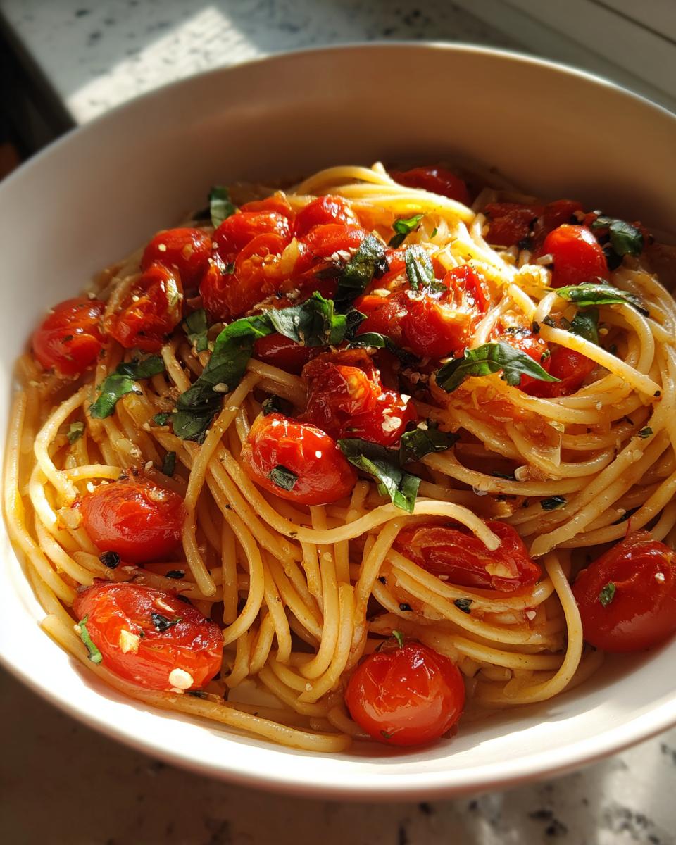 Plato de espaguetis con tomate cherry asado y hojas frescas de albahaca para cenas románticas fáciles.