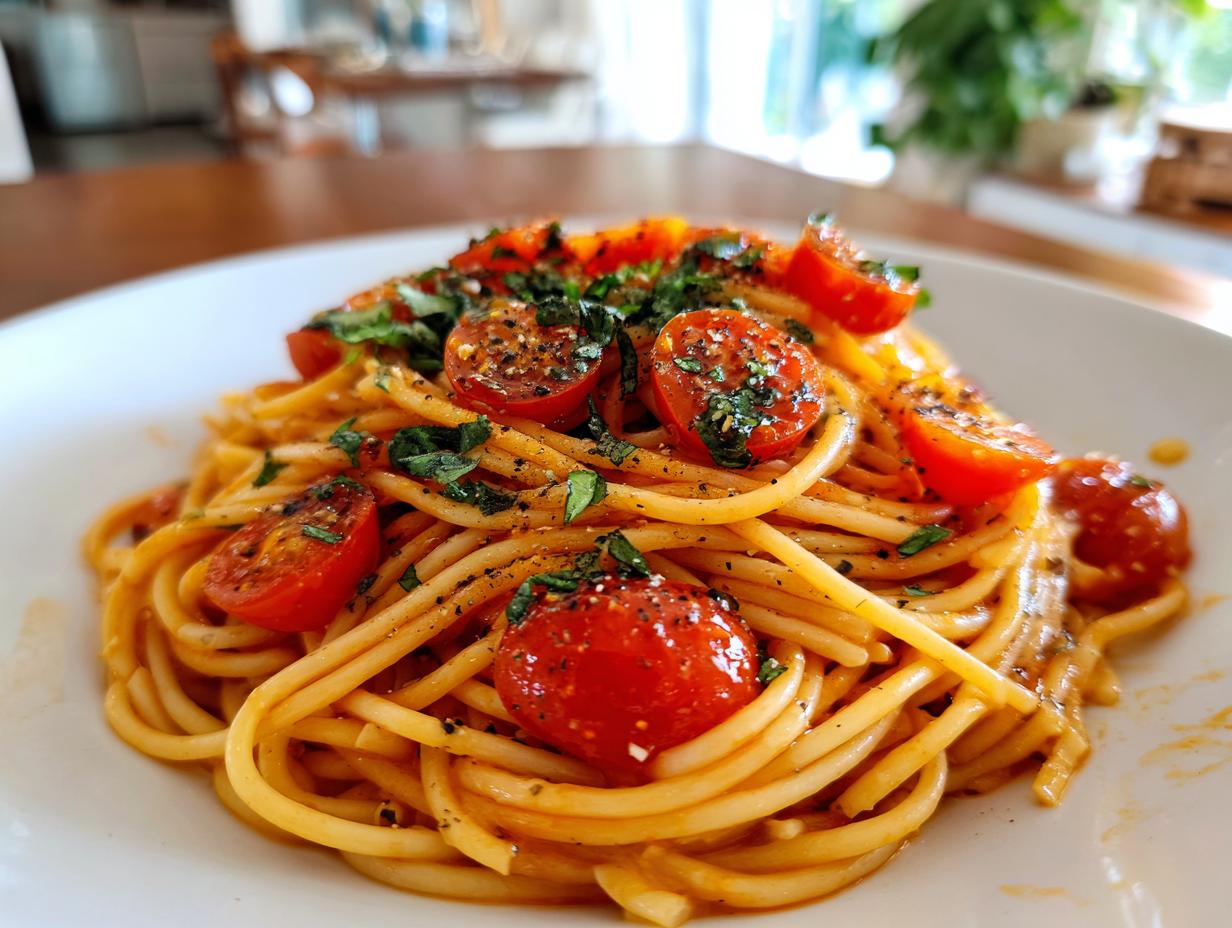 Espaguetis con tomates cherry y hierbas frescas en un plato blanco para cena romántica fácil