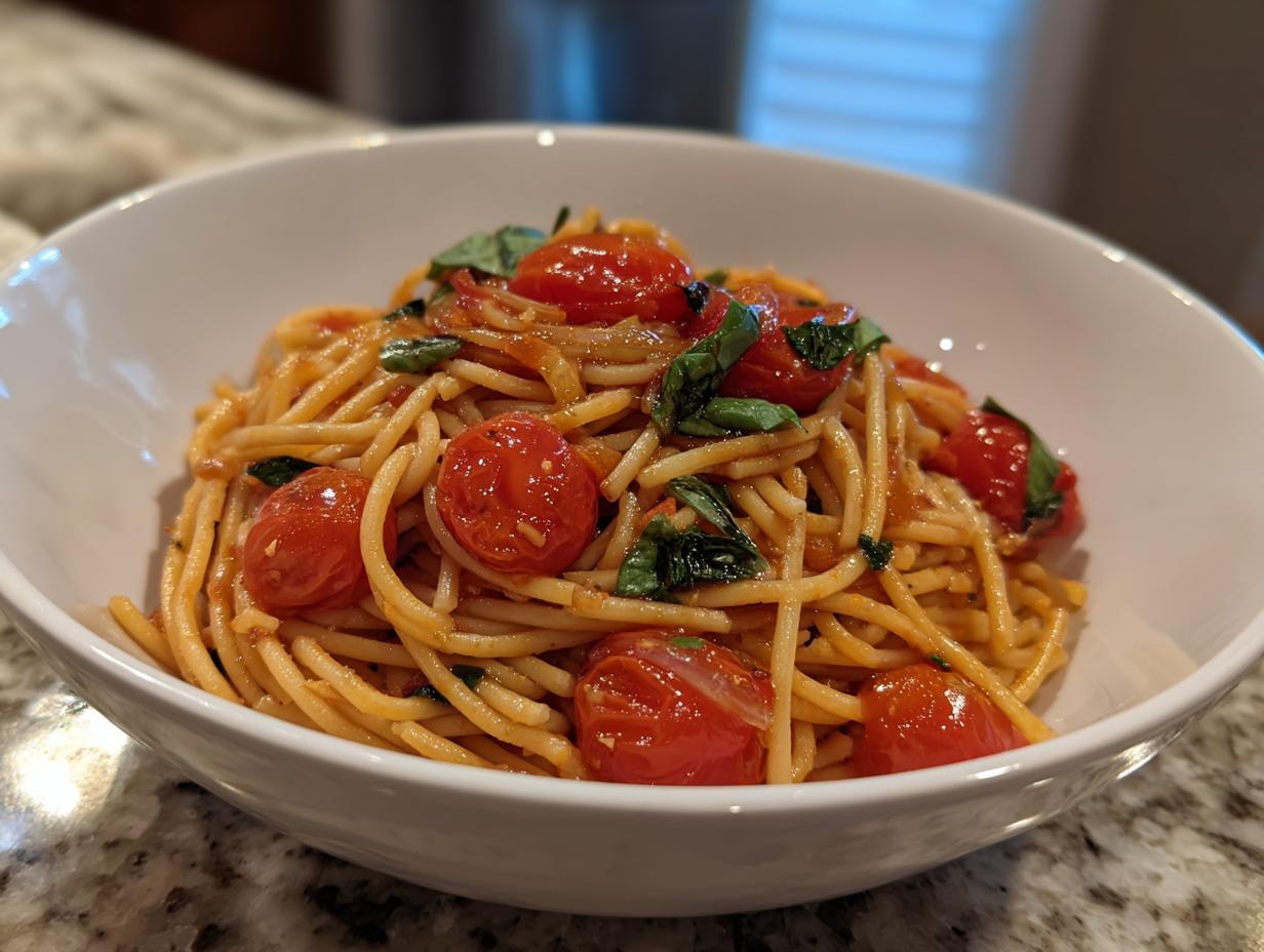 Plato de espaguetis con tomates cherry y hojas de albahaca para cenas románticas fáciles.