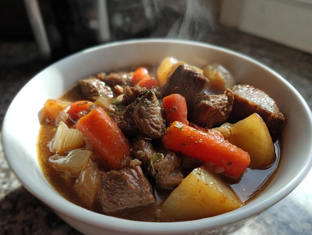 Bowl con estofado caliente de carne, zanahorias y papas con recetas de olla lenta fáciles