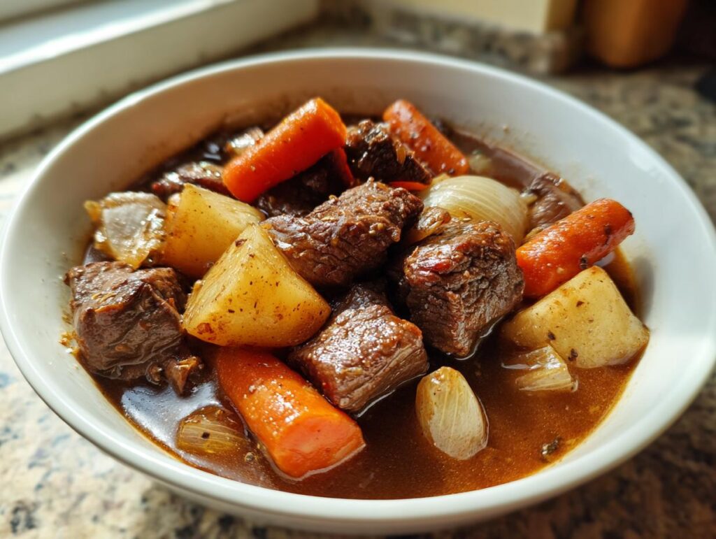 Tazón con estofado de carne, zanahorias, papas y cebollas en recetas de crockpot invierno.