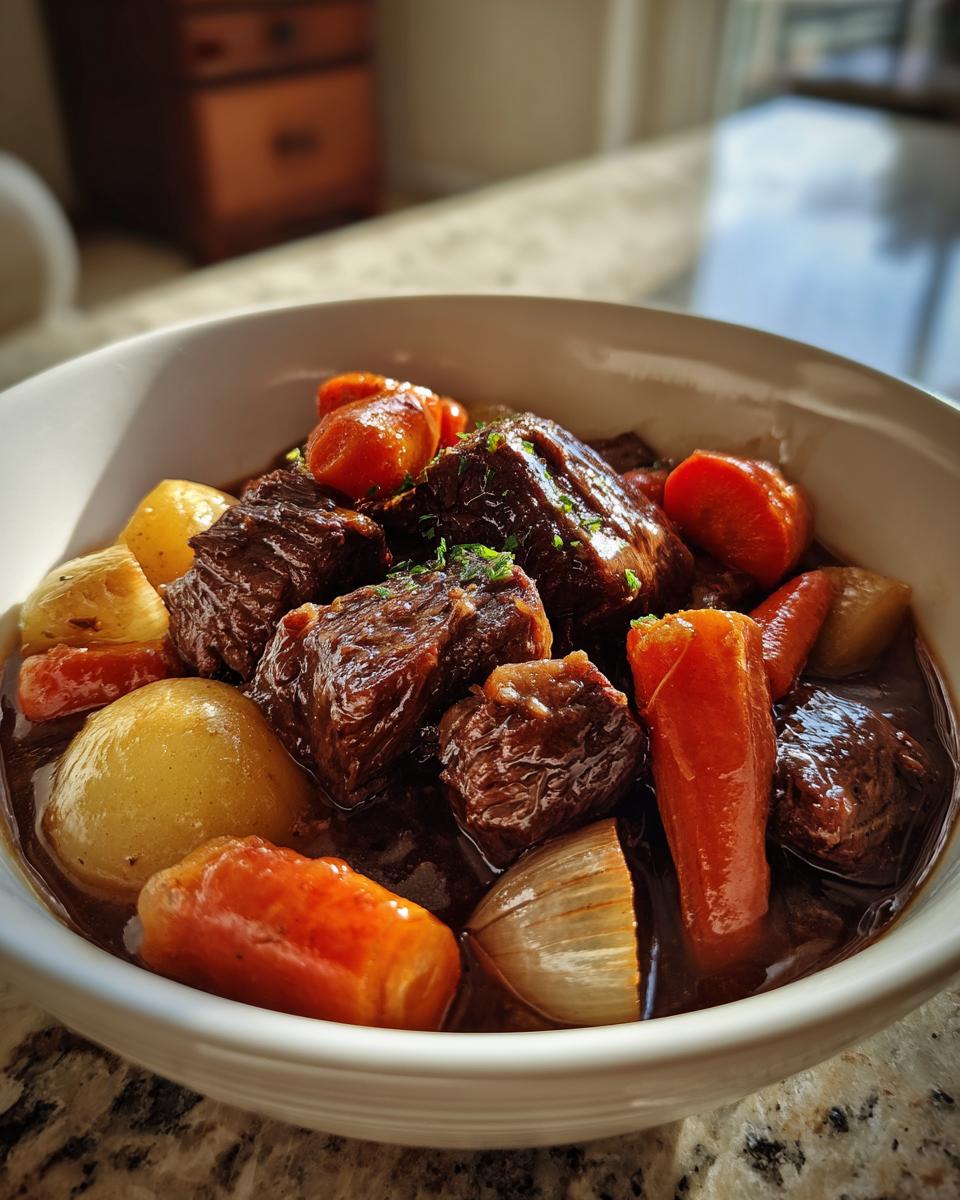 Tazón de estofado con carne, zanahorias, cebolla y papas para recetas de crockpot invierno