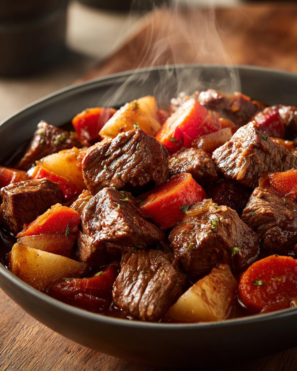 Plato hondo con estofado caliente de carne, zanahorias y papas, recetas de olla lenta fáciles